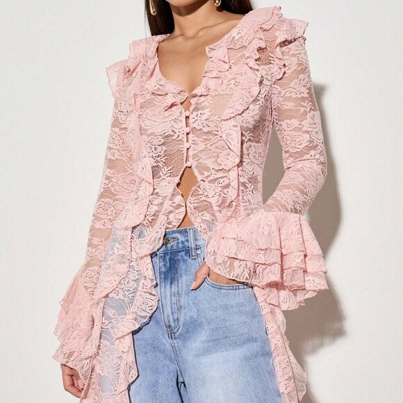 Baby Pink Sexy Women's Boho Lace Ruffle Maxi Blouse - Picture 6 of 6